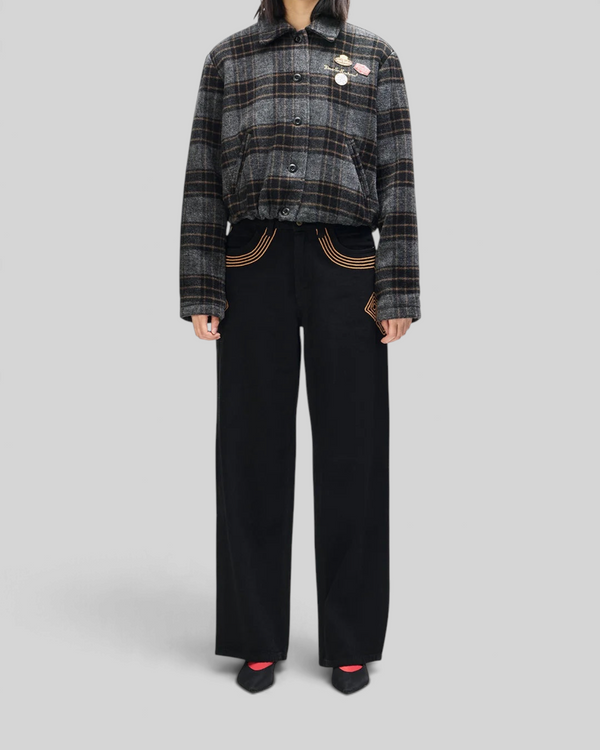 Baffle Haus Lost World wool blend bomber jacket in phantom grey check with custom pins and a relaxed cropped fit.
