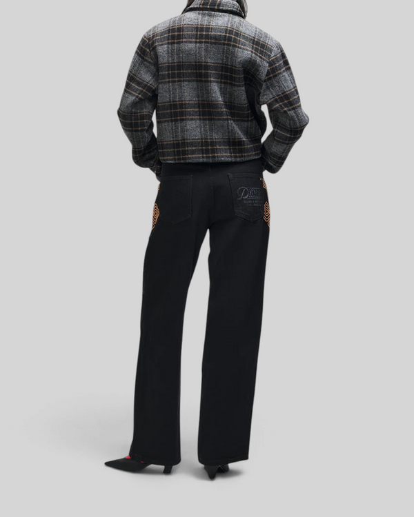 Baffle Haus Lost World wool blend bomber in phantom grey check worn with black jeans, back view
