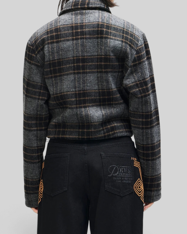 Baffle Haus Lost World wool blend bomber jacket in phantom grey check pattern, back view on a model