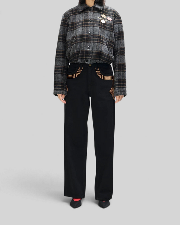 Baffle Haus Lost World wool blend bomber jacket in phantom grey check with custom pins and a relaxed cropped fit.