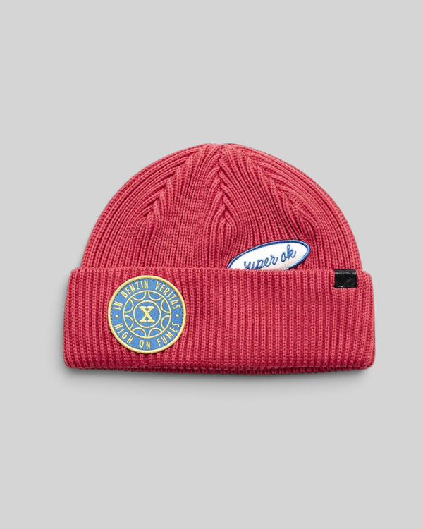 Baffle Haus red merino wool fisherman beanie with Deus Ex Machina chenille and sateen patches