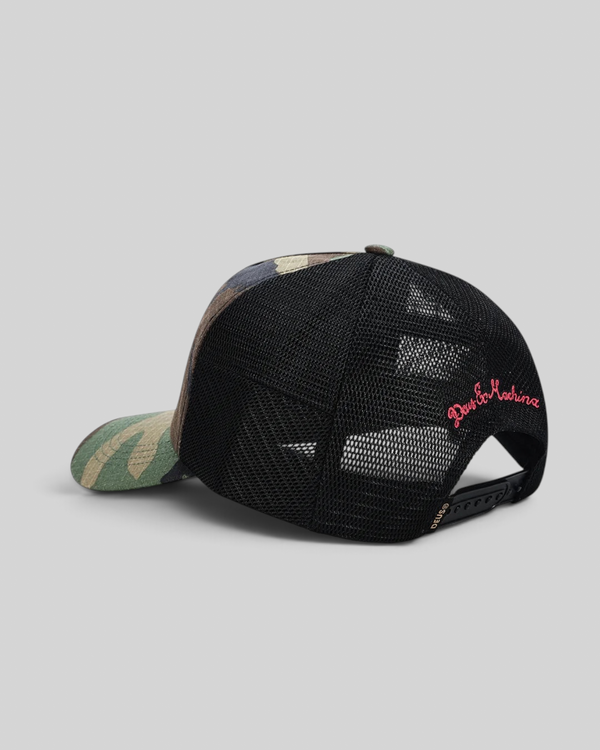 Baffle Haus Paris Shield trucker cap in camo print with black mesh back, snapback closure, and red embroidery detail.