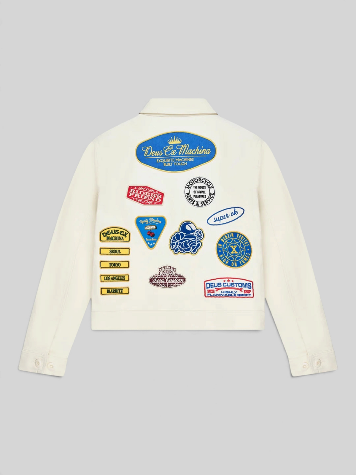 Baffle Haus Trophy Jacket in whisper white cotton moleskin featuring multiple vintage-style embroidered back patches