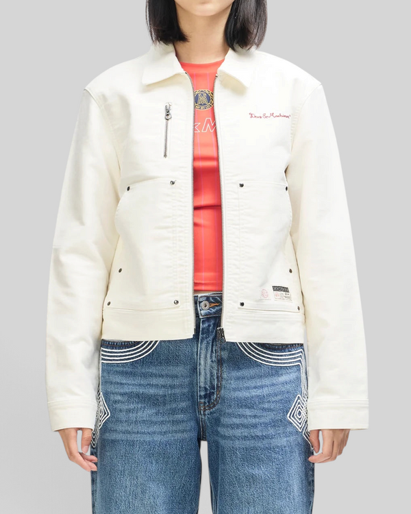 Baffle Haus Trophy Jacket in whisper white cotton moleskin with front patch pockets and rivet detailing