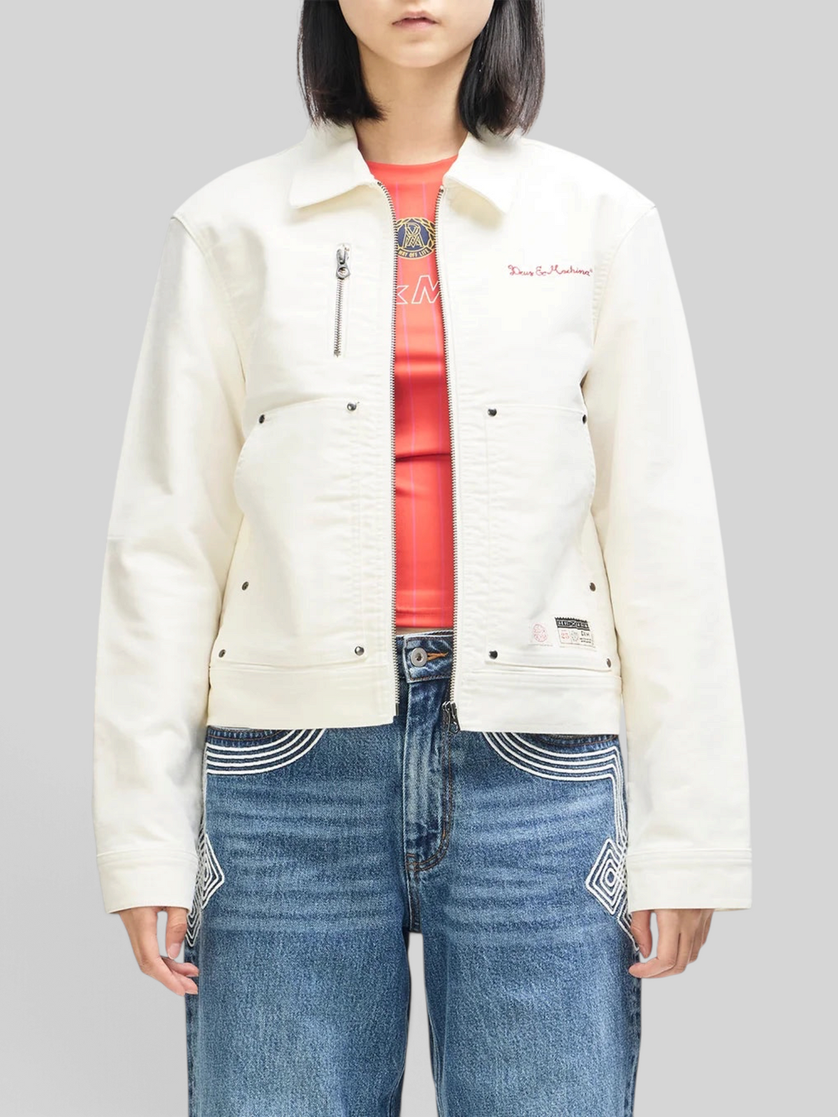 Baffle Haus Trophy Jacket in whisper white cotton moleskin with front patch pockets and rivet detailing