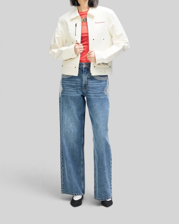 Baffle Haus Trophy Jacket in whisper white cotton moleskin with patch pockets and woven labels, worn by a model