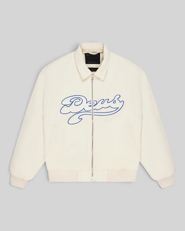 Baffle Haus Runner-Up jacket in whisper white cotton twill with blue velvet Deus applique and zip front closure.