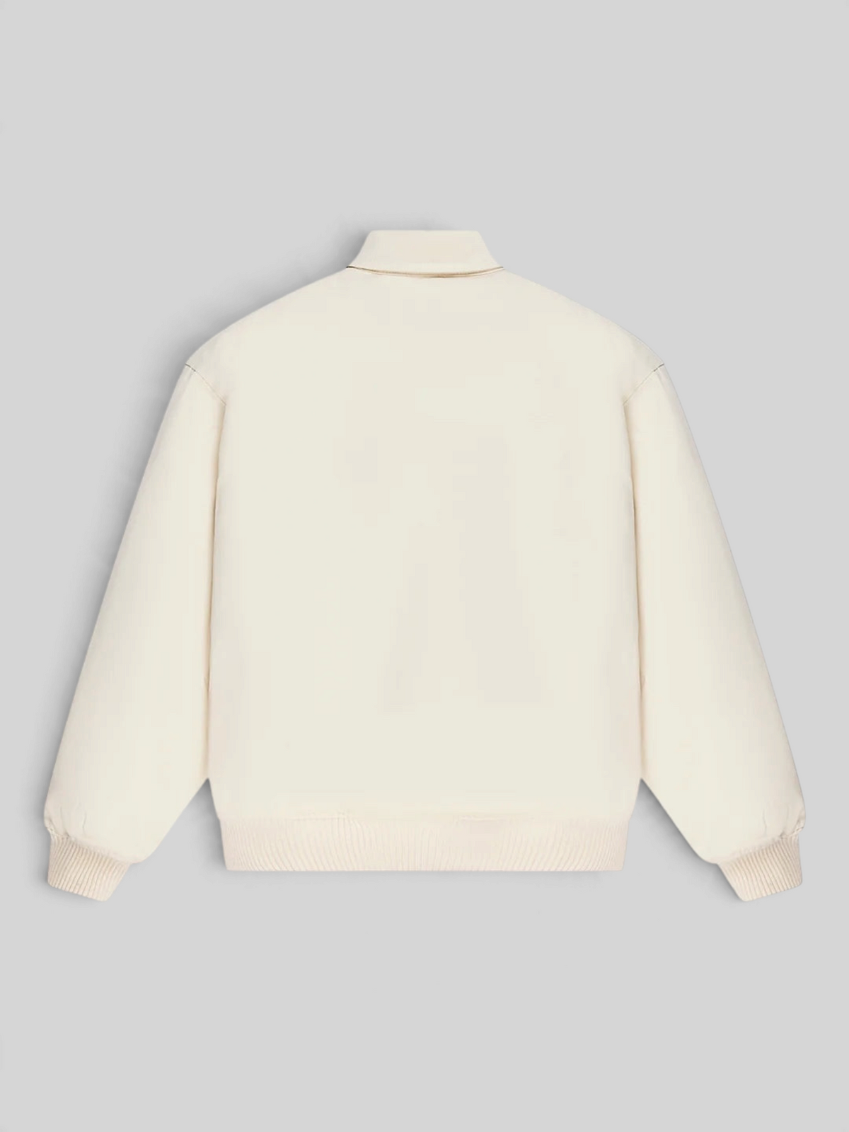 Baffle Haus Runner-Up jacket in whisper white cotton twill with a relaxed fit, ribbed hem, and cuffs, back view.