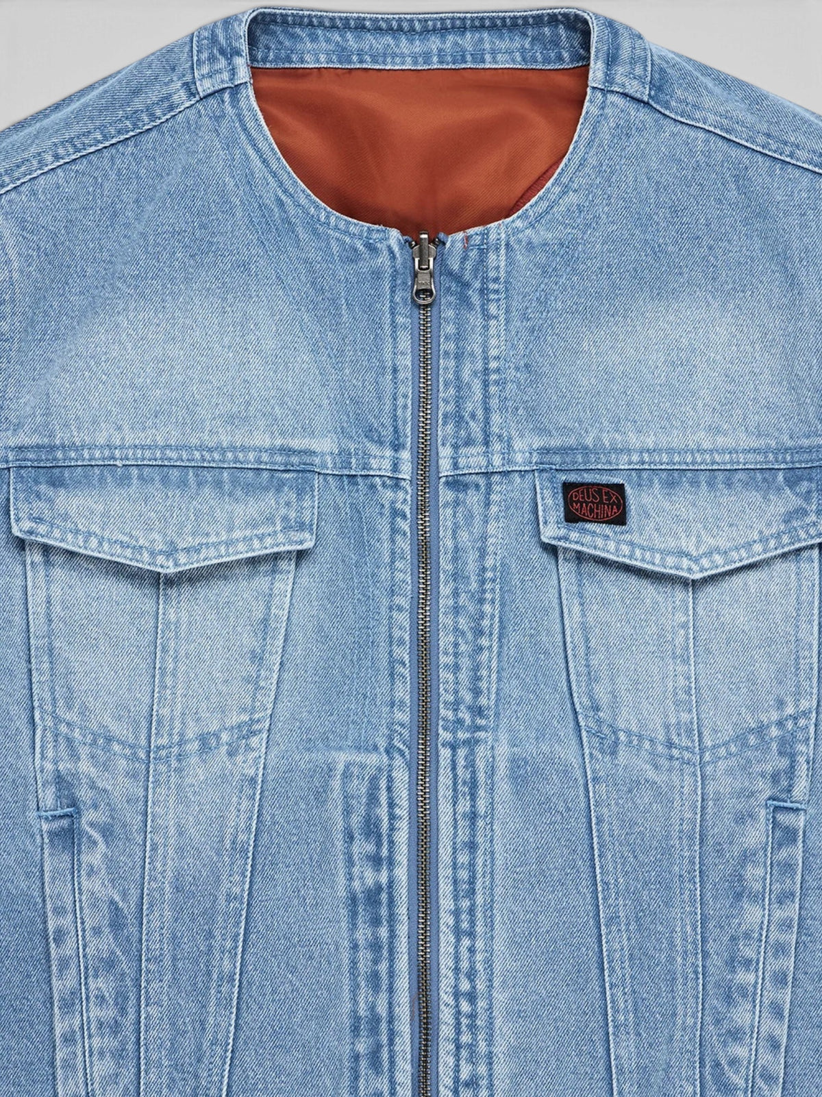 Baffle Haus Br 163 reversible denim jacket in indigo with rust lining, featuring a zip front and chest pockets