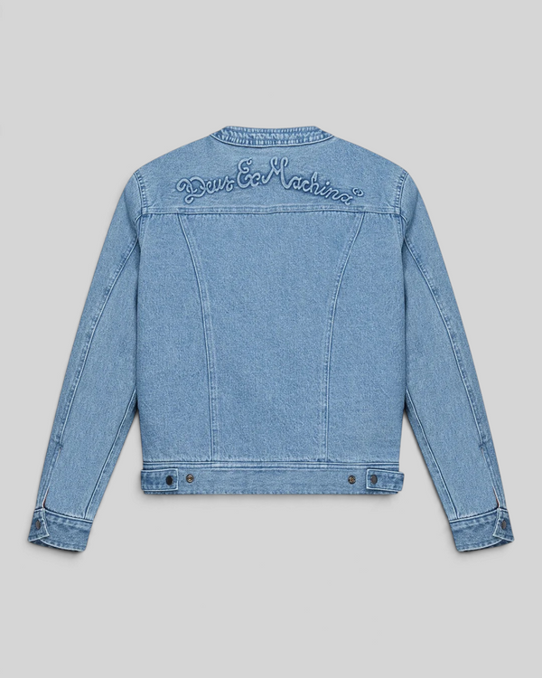 Baffle Haus Br 163 reversible denim jacket in indigo blue with Deus Ex Machina embroidery on the back yoke