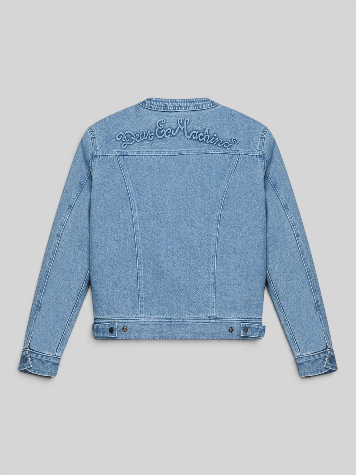 Baffle Haus Br 163 reversible denim jacket in indigo blue with Deus Ex Machina embroidery on the back yoke