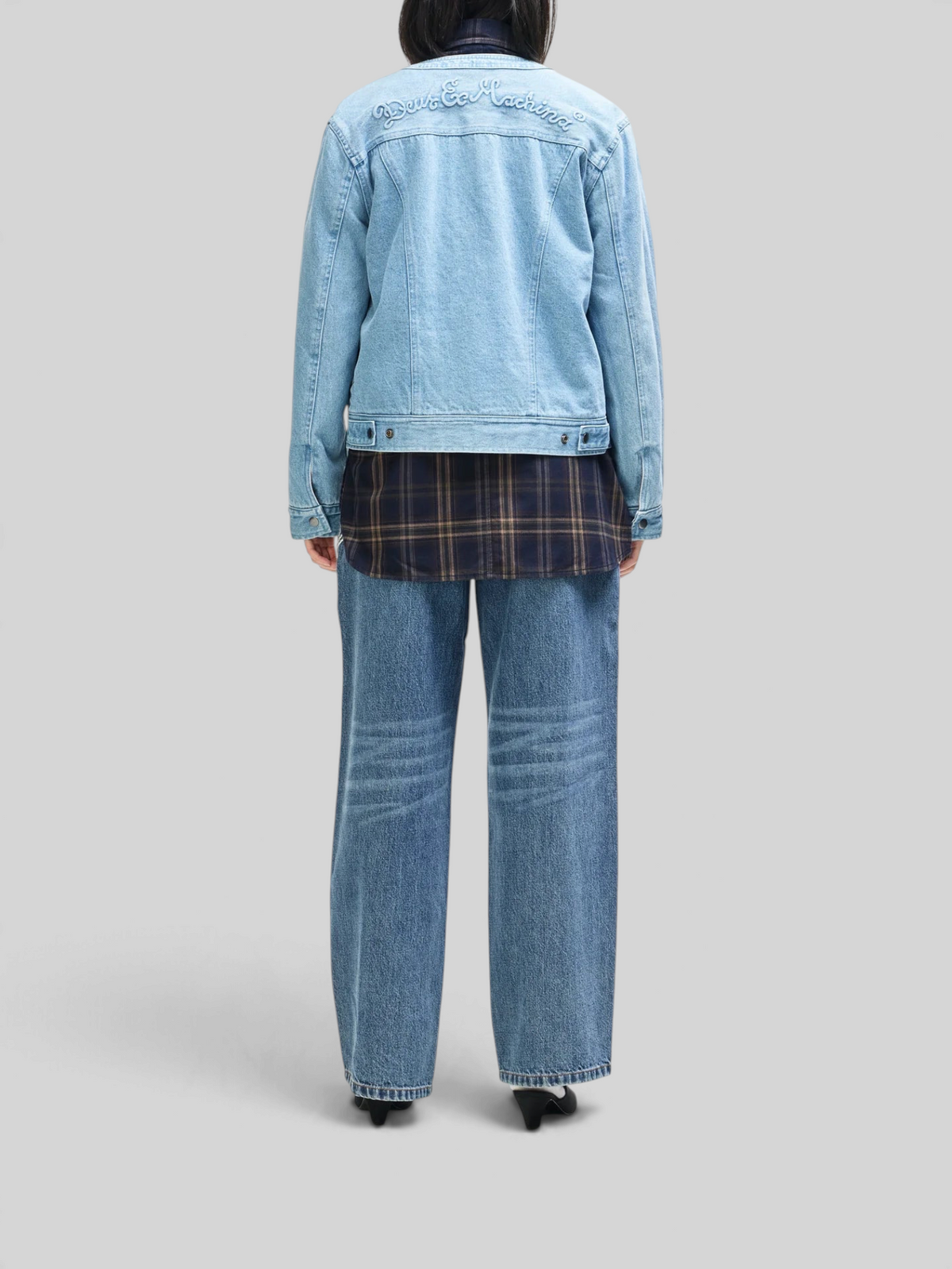 Baffle Haus Br 163 reversible denim jacket in light blue with Deus Ex Machina embroidery on the back yoke