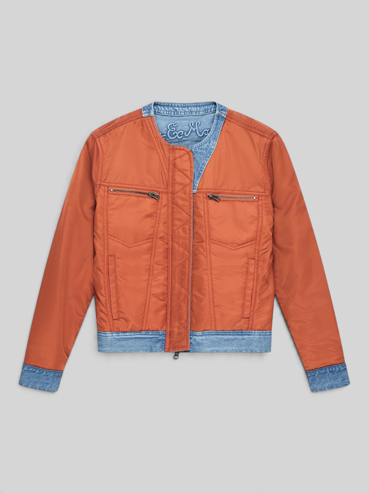 Baffle Haus Br 163 reversible jacket in rust nylon and indigo denim with double zip pockets and collarless design