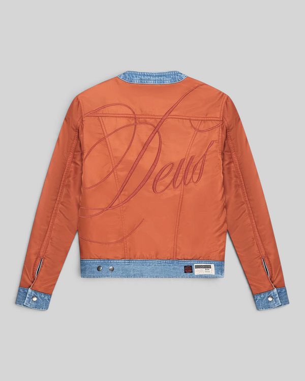Baffle Haus Br 163 reversible jacket in rust nylon with large Deus embroidery and denim trim back view