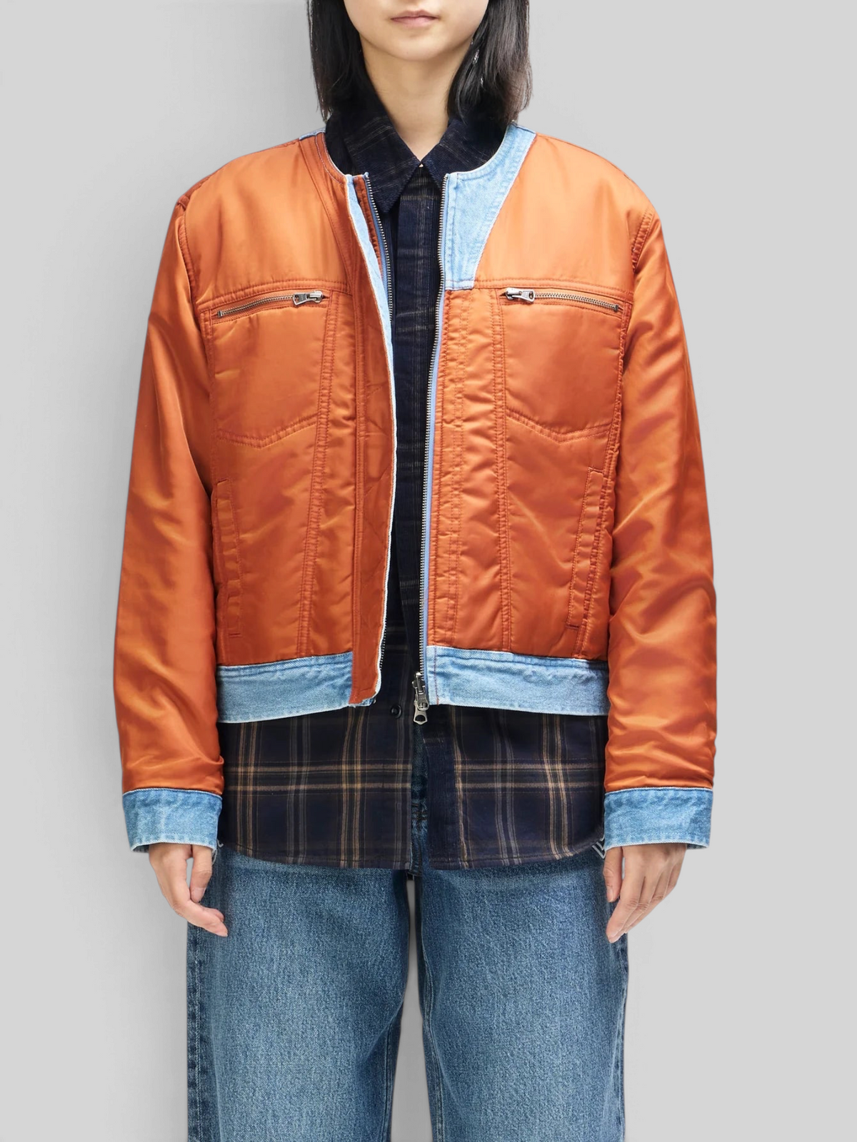 Baffle Haus Br 163 reversible jacket in rust nylon and indigo denim with utility zip pockets and denim trim
