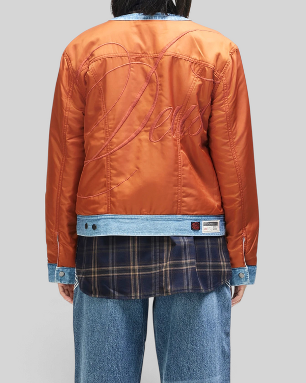 Baffle Haus Br 163 reversible jacket in rust nylon with large back embroidery and light blue denim hem detail