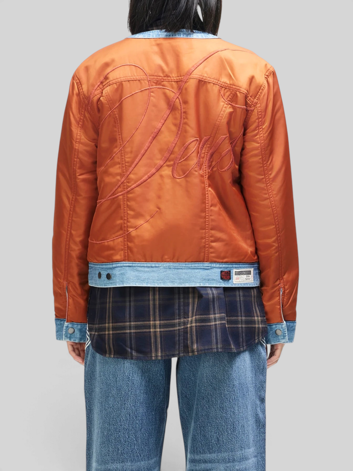 Baffle Haus Br 163 reversible jacket in rust nylon with large back embroidery and light blue denim hem detail