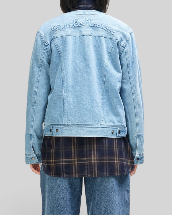 Baffle Haus Br 163 reversible denim jacket in light wash blue with Deus Ex Machina embroidery on the back yoke