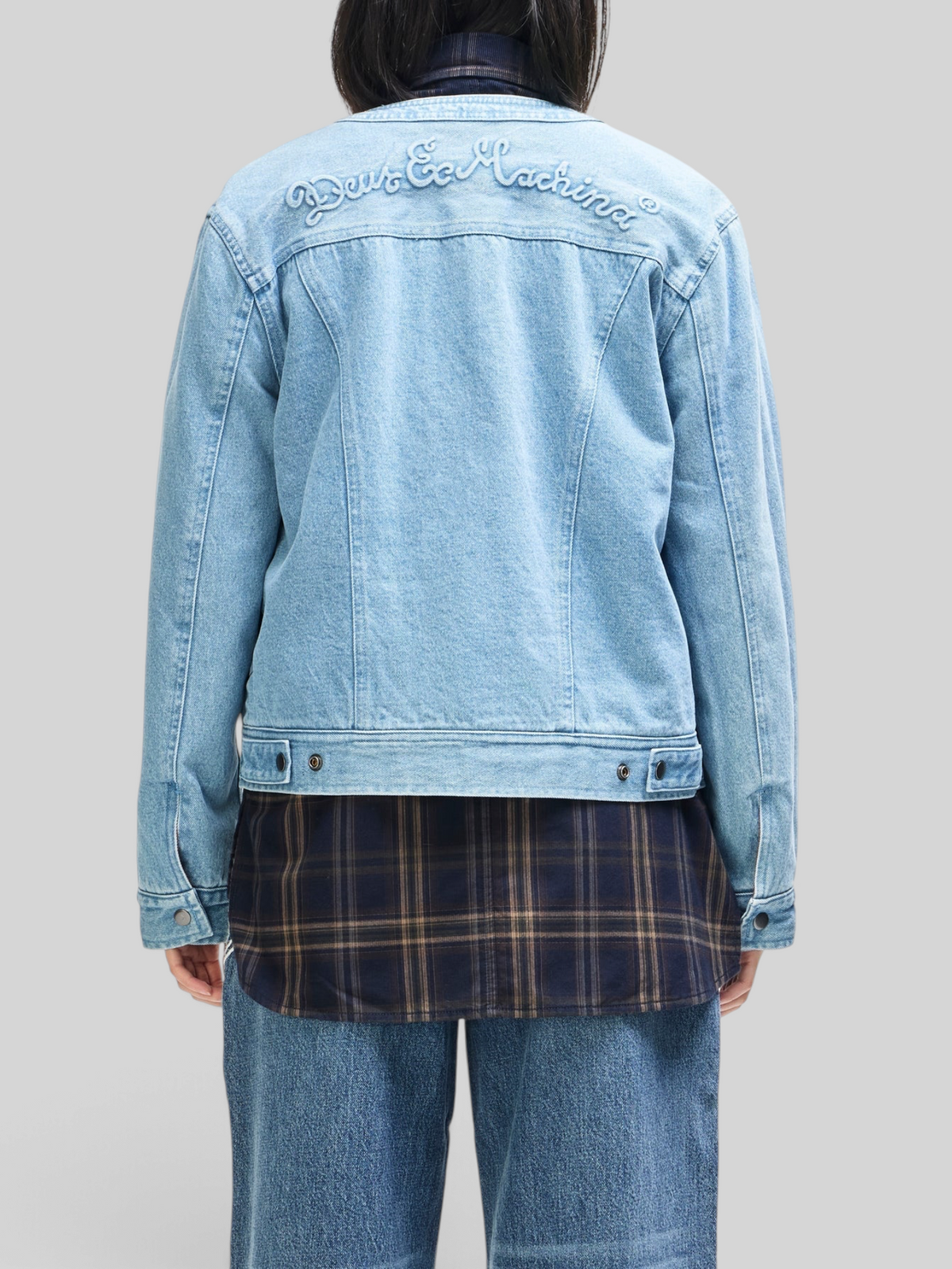 Baffle Haus Br 163 reversible denim jacket in light wash blue with Deus Ex Machina embroidery on the back yoke