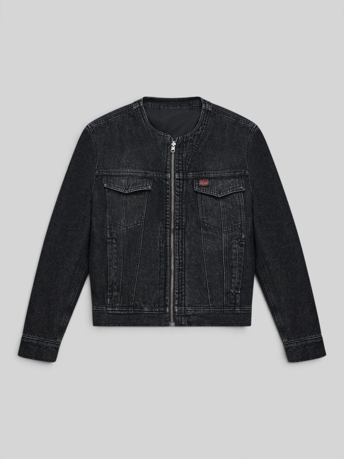 Baffle Haus Br 163 reversible phantom-black denim jacket with a collarless design, zip closure, and front pockets.
