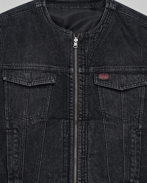 Baffle Haus Br 163 reversible black denim jacket featuring a front zip closure and Deus Ex Machina chest patch.