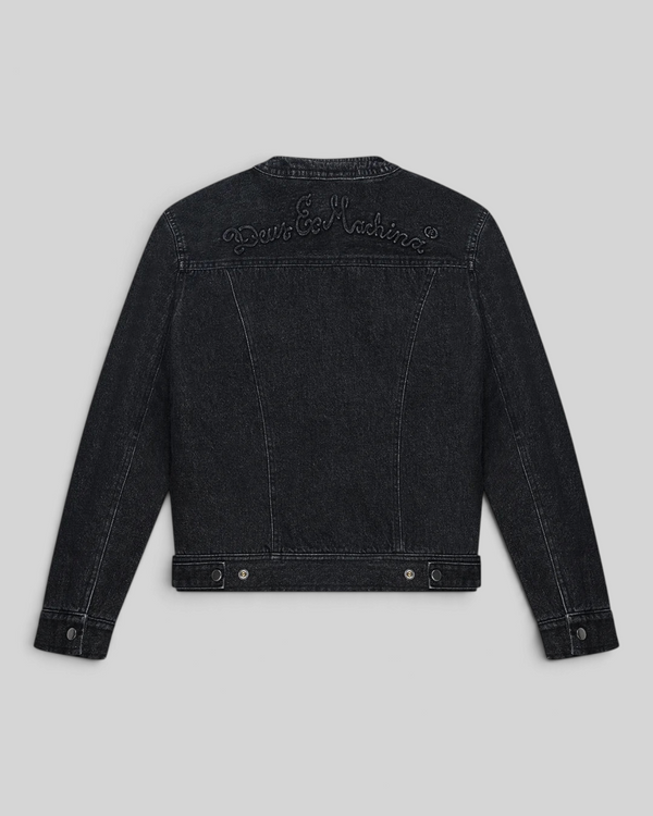 Baffle Haus Br 163 reversible denim jacket in phantom black with Deus Ex Machina embossed logo on the back yoke