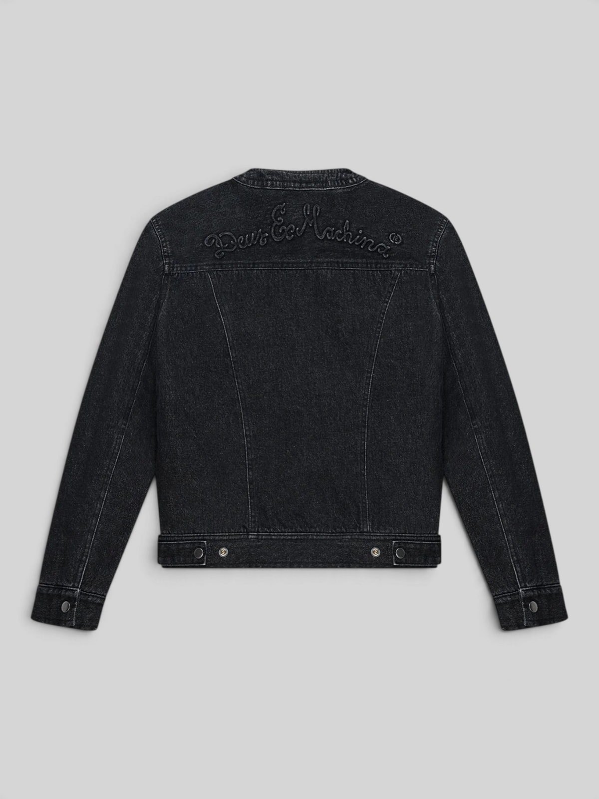 Baffle Haus Br 163 reversible denim jacket in phantom black with Deus Ex Machina embossed logo on the back yoke