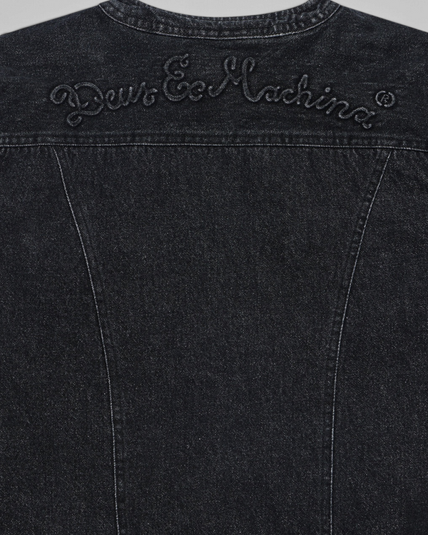 Baffle Haus Br 163 reversible denim jacket back yoke in phantom-black with embroidered Deus Ex Machina logo detail