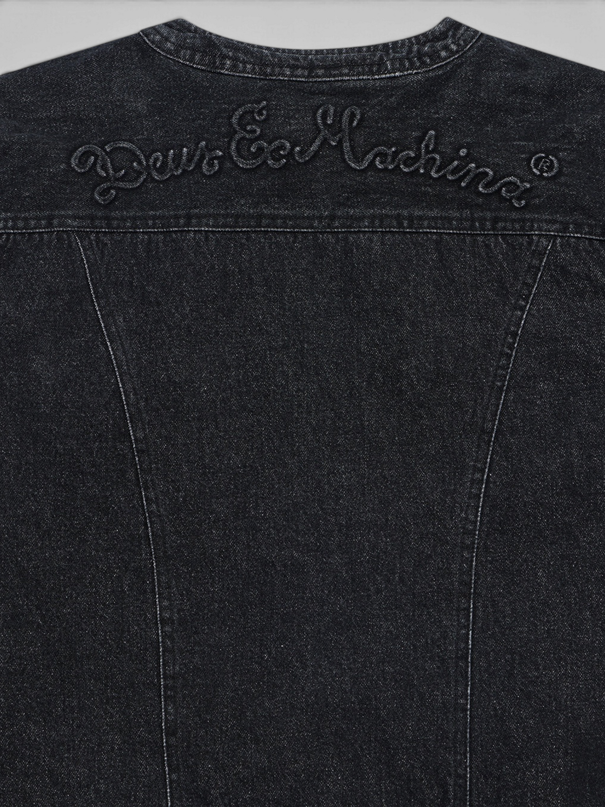 Baffle Haus Br 163 reversible denim jacket back yoke in phantom-black with embroidered Deus Ex Machina logo detail