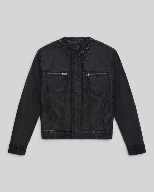 Baffle Haus Br 163 reversible black nylon and denim jacket with double zip chest pockets and collarless design