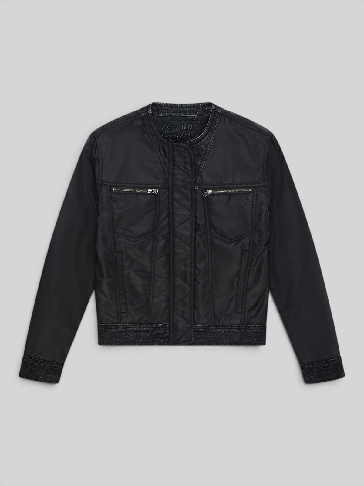 Baffle Haus Br 163 reversible black nylon and denim jacket with double zip chest pockets and collarless design