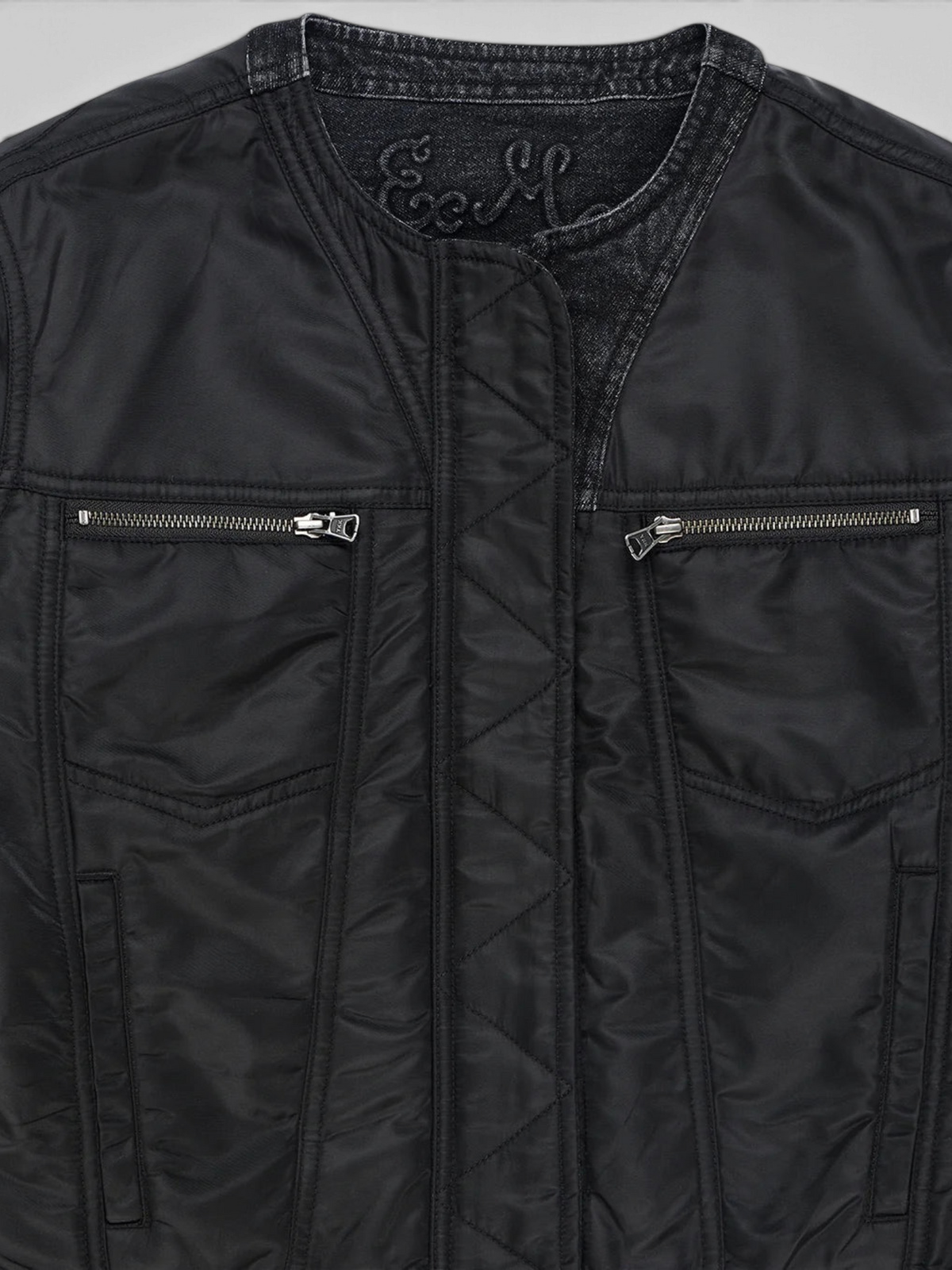 Baffle Haus Br 163 reversible black nylon and denim jacket featuring double zip chest pockets and quilted detailing.
