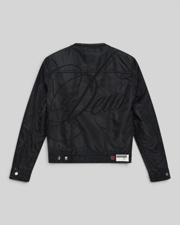 Baffle Haus Br 163 reversible black nylon jacket featuring large Deus embroidery on the back and utility label detail