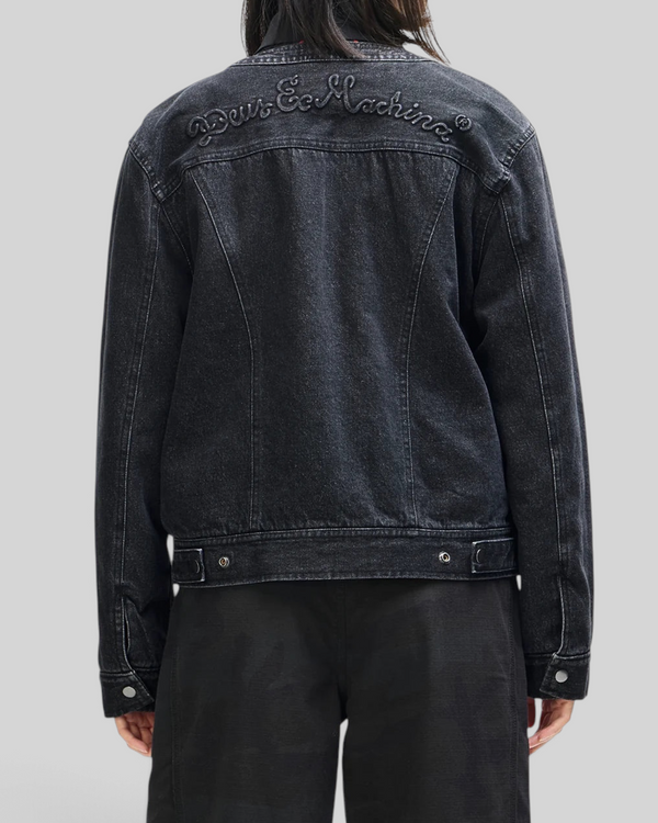 Baffle Haus Br 163 reversible denim jacket in phantom black with embossed Deus Ex Machina logo on the back yoke.