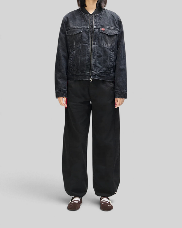 Baffle Haus Br 163 reversible phantom-black denim jacket with double zip closure worn by a model