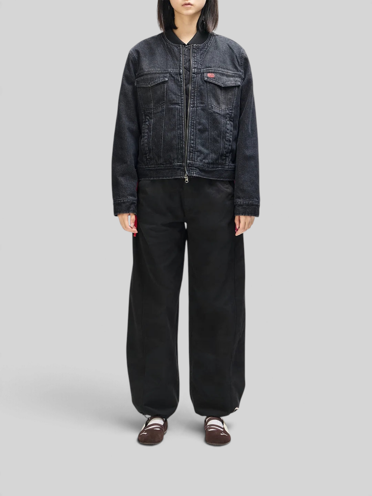 Baffle Haus Br 163 reversible phantom-black denim jacket with double zip closure worn by a model