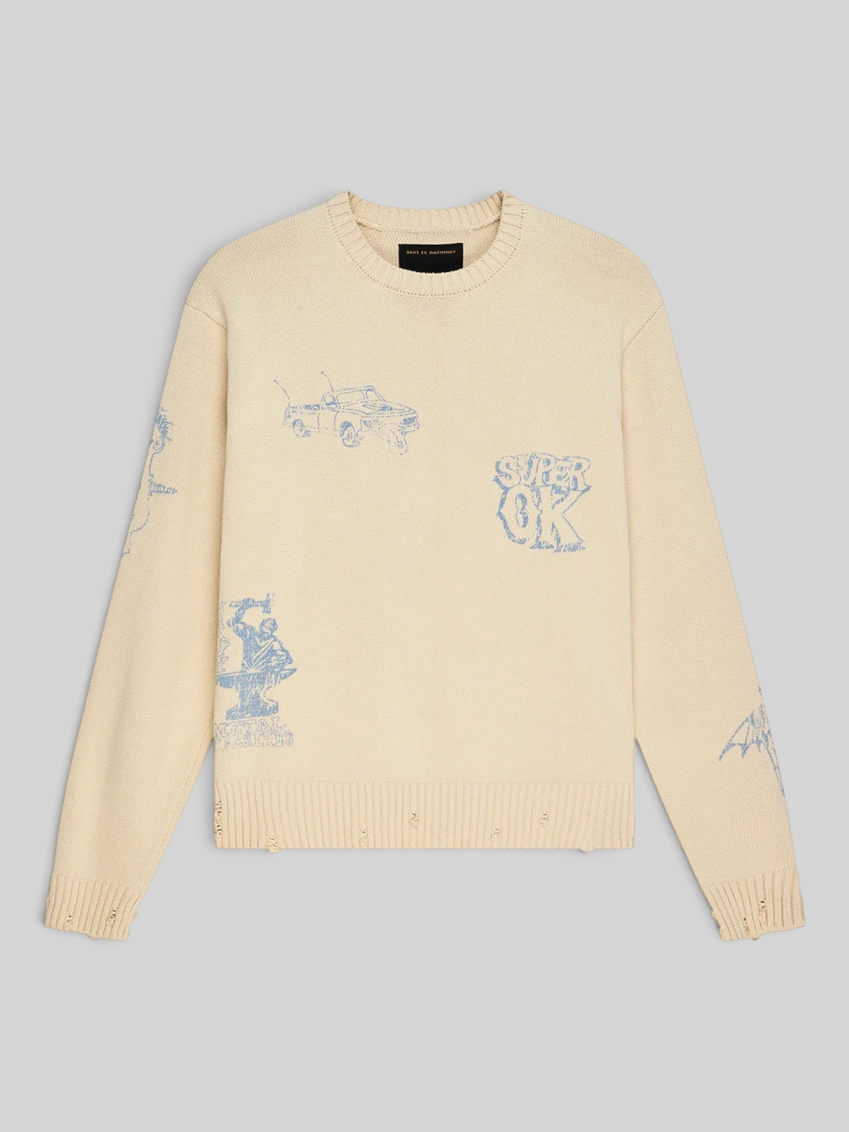 Baffle Haus cream cotton knit crew sweater with blue graphic prints and distressed detailing at the neck and hem.