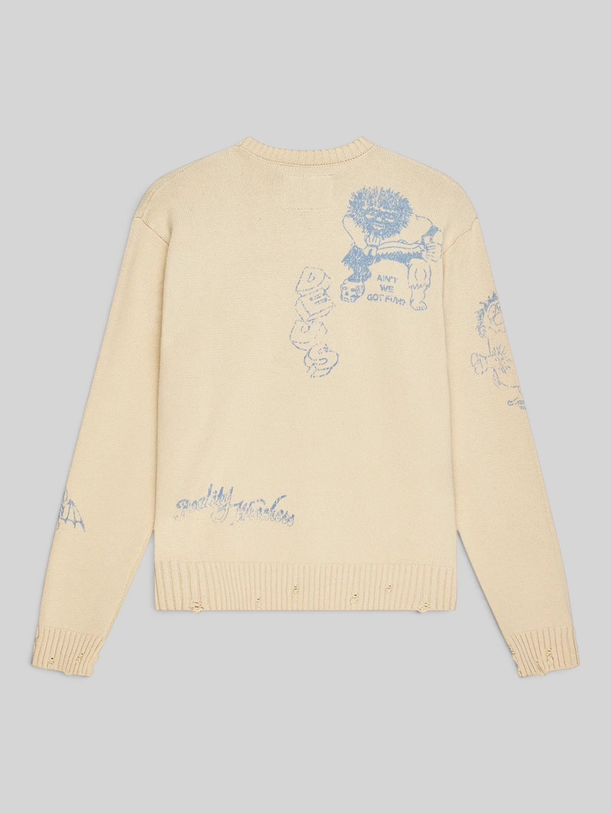 Baffle Haus cream cotton knit crew sweater with blue hand-drawn graphic art and distressed neck, hem, and cuffs.