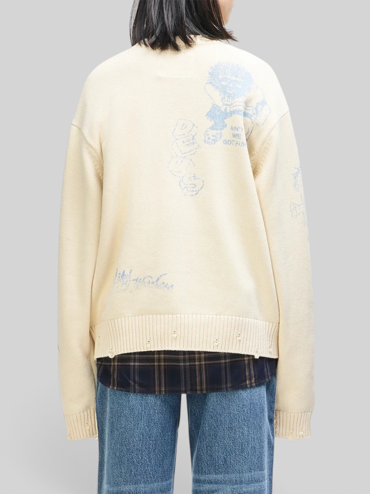 Baffle Haus cream cotton knit crew sweater with blue graphic artwork, distressed neck and hem, back view