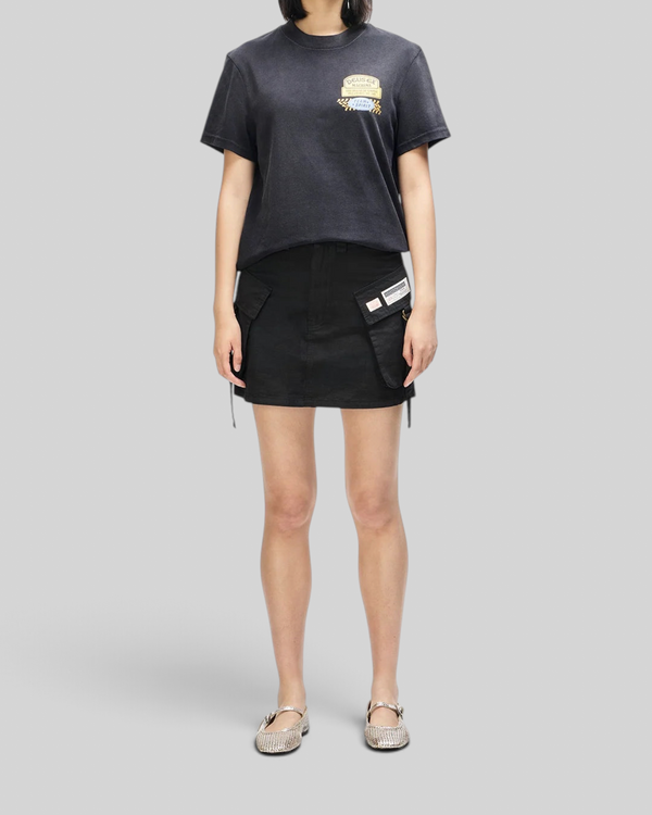 Baffle Haus Daphne Tee in anthracite grey, a slim fit recycled cotton t-shirt with a chest pocket and graphic print.