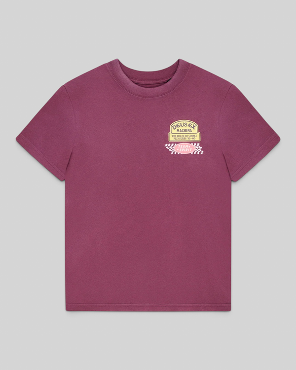 Baffle Haus Daphne burgundy pigment-dyed slim fit tee with a small Deus Ex Machina chest pocket graphic print.