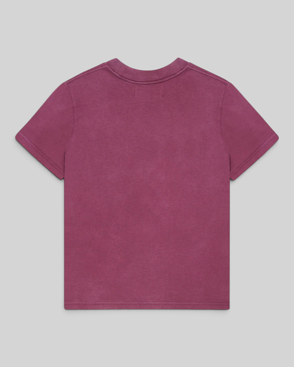 Baffle Haus Daphne Tee in pigment-dyed burgundy recycled cotton with a slim fit and heavy enzyme wash finish.