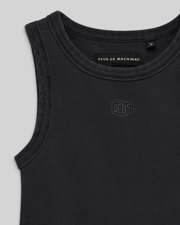 Baffle Haus 4x4 Shield tank top in anthracite grey ribbed cotton with embroidered Deus logo detail.