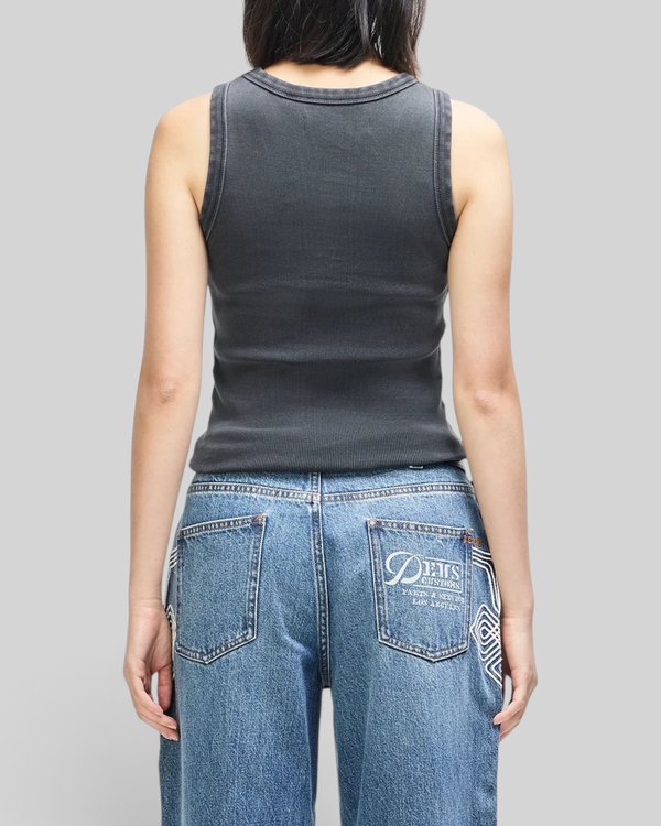 Baffle Haus 4x4 Shield Tank in anthracite grey heavy weight ribbed cotton worn by a woman from the back view