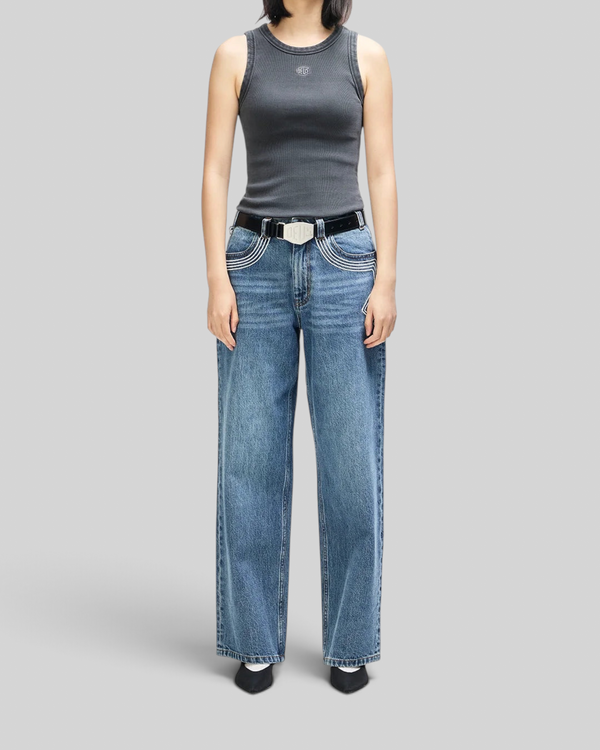 Baffle Haus 4x4 Shield tank in anthracite grey, a heavy weight ribbed cotton elastane top with small front embroidery.