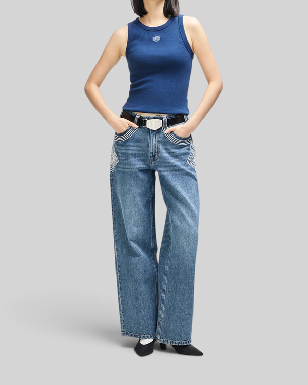 Baffle Haus 4x4 Shield tank top in pageant blue, featuring a ribbed cotton blend and small embroidered front logo.