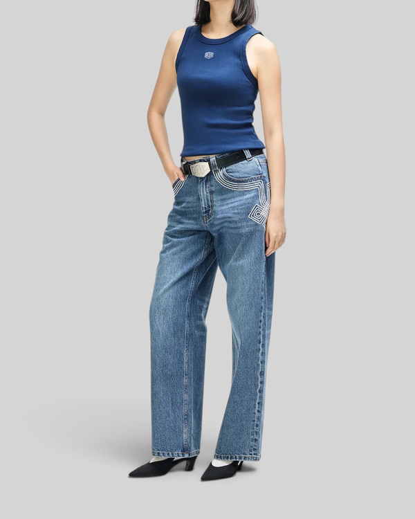 Baffle Haus pageant blue heavy weight cotton rib tank top with small embroidered shield logo on the chest