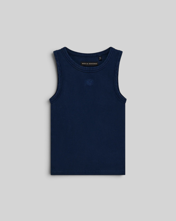 Baffle Haus pageant blue heavy weight ribbed cotton tank top with embroidered Deus shield logo on the chest
