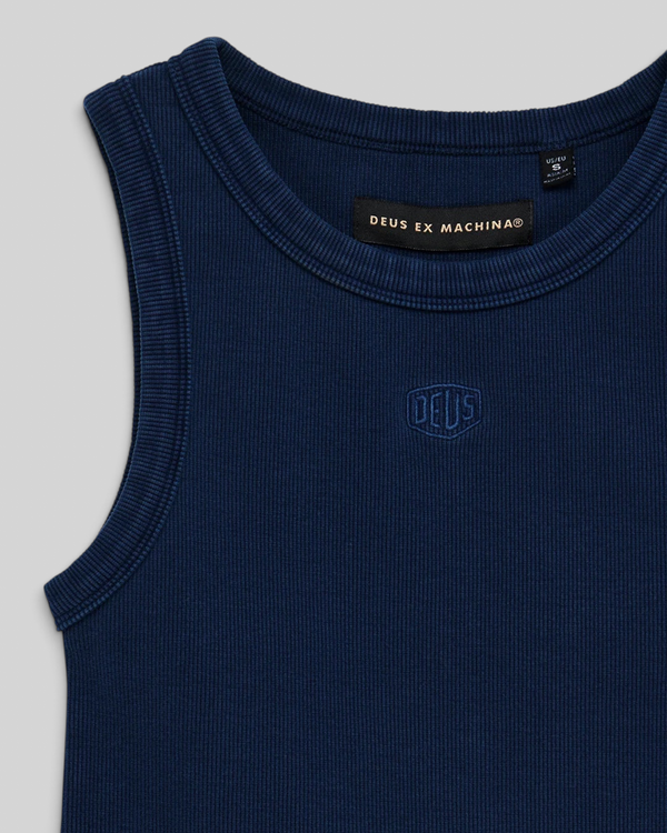 Baffle Haus 4x4 Shield tank top in pageant blue ribbed cotton with embroidered Deus logo and crew neckline
