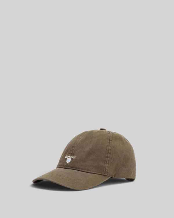 Baffle Haus olive green cotton baseball cap with Barbour embroidered crest logo on the front